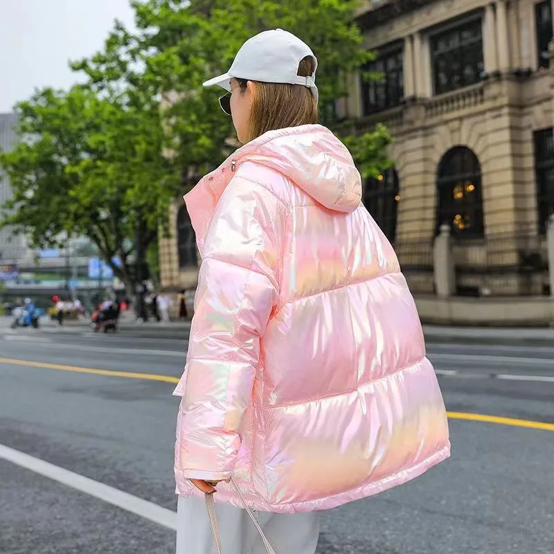 Shiny Color Down Jacket 2023 Autumn and Winter Parkas Korean Style Loose Mid-length Disposable Bread Jacket Cotton Coats Parkas