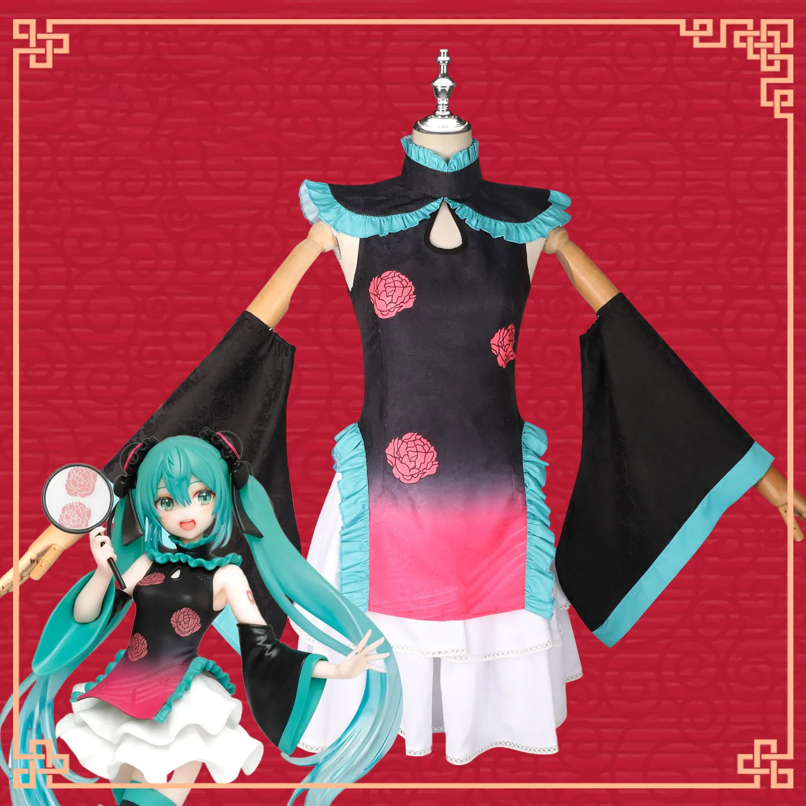 Hatsune Miku Cheongsam Dress Anime Cosplay Costume Kimono Wig Clothes Girl Women School Uniform Halloween Loli Clothing