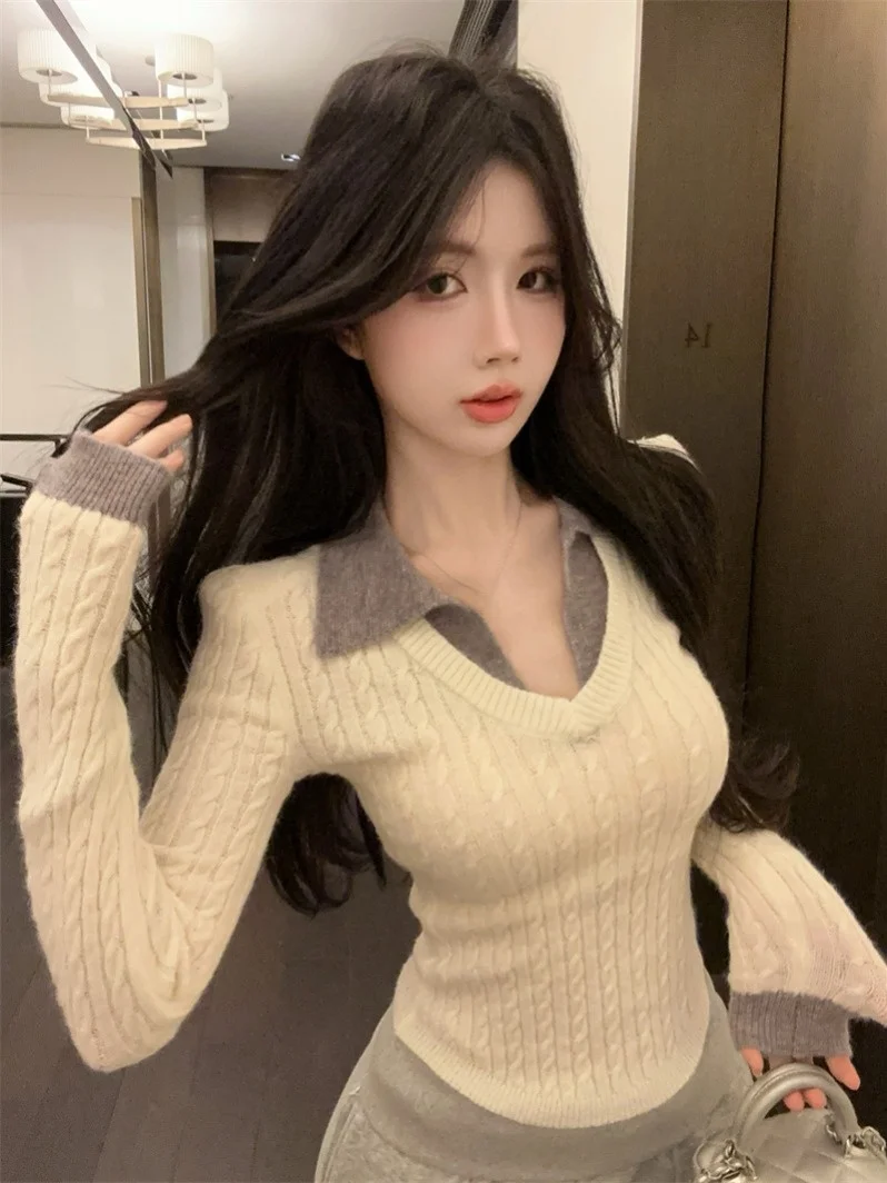 

College Sle саржевый вязаный свитер с воротником-стойкой, женский осенне-зимний облегающий внутренний костюм, топ, модный топ для девочек