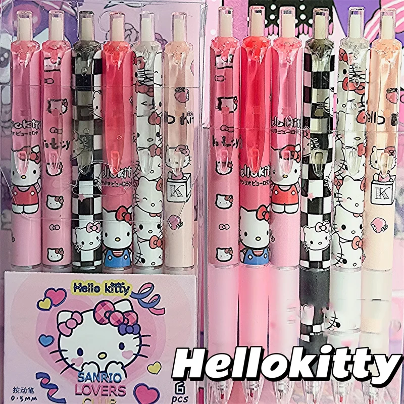 Sanrio-Bolígrafo de Gel de Hello Kitty, 6 piezas, 0,5mm, tinta negra, neutro, suministros de oficina y escuela para estudiantes, regalo de papelería