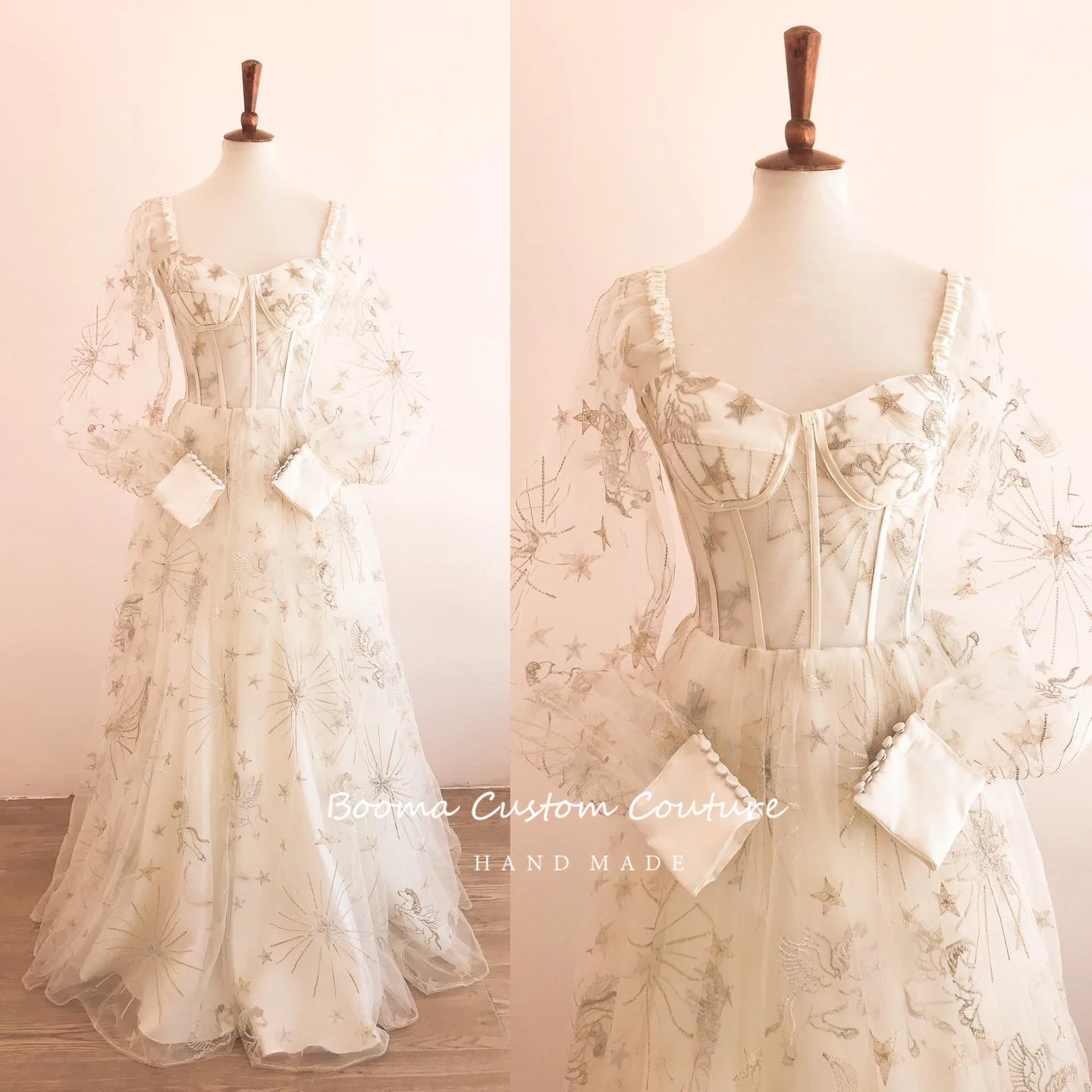 Booma Fairy Constellation Embroidery Tulle Maxi Prom Dresses Sweetheart Long Sleeves A-Line Wedding Party Dresses Customized