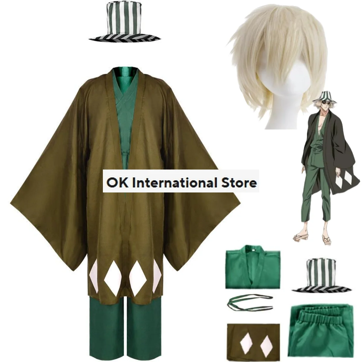 Disfraz de Cosplay de Anime BLEACH Urahara Kisuke para hombre y mujer, peluca japonesa, Kimono verde, capa, traje de Carnaval de Halloween