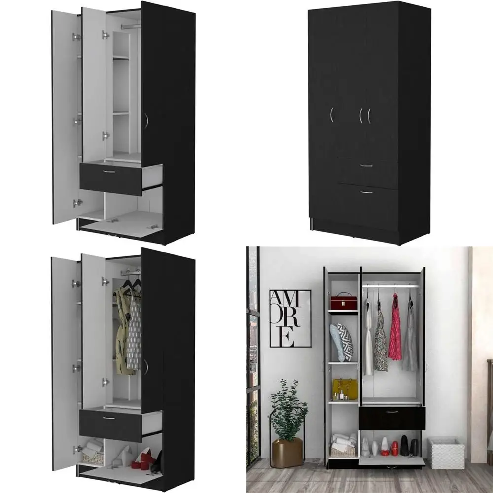

Four-Door Armoire with Hanging Rod and Shelves, 67H x 32W x 18D, for Bedroom Storage Organization