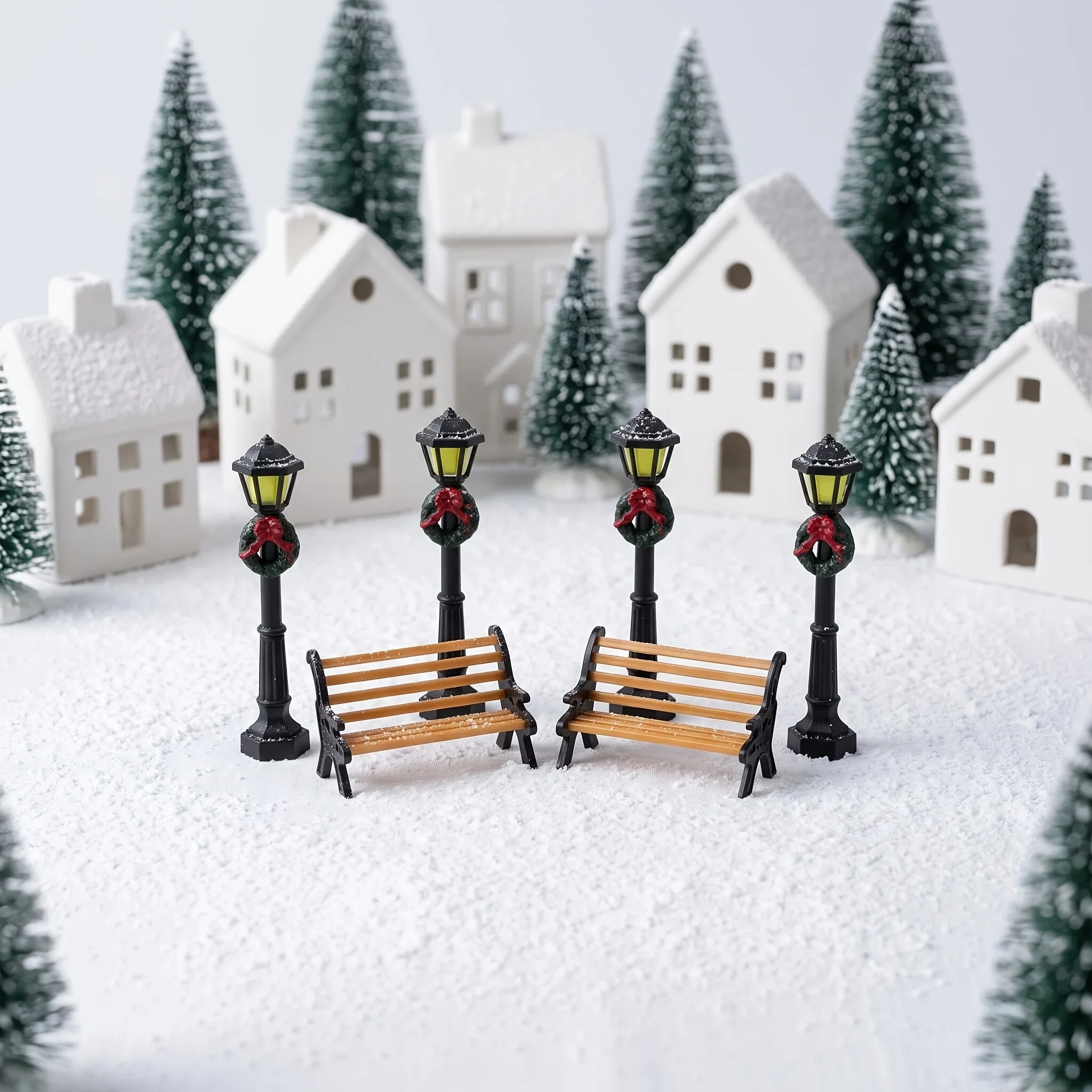 6PCS Mini Christmas Decor Set, Park Bench & Street Lamp, Plastic Furniture, Dollhouse Tabletop Winter Table Centerpiece Gift