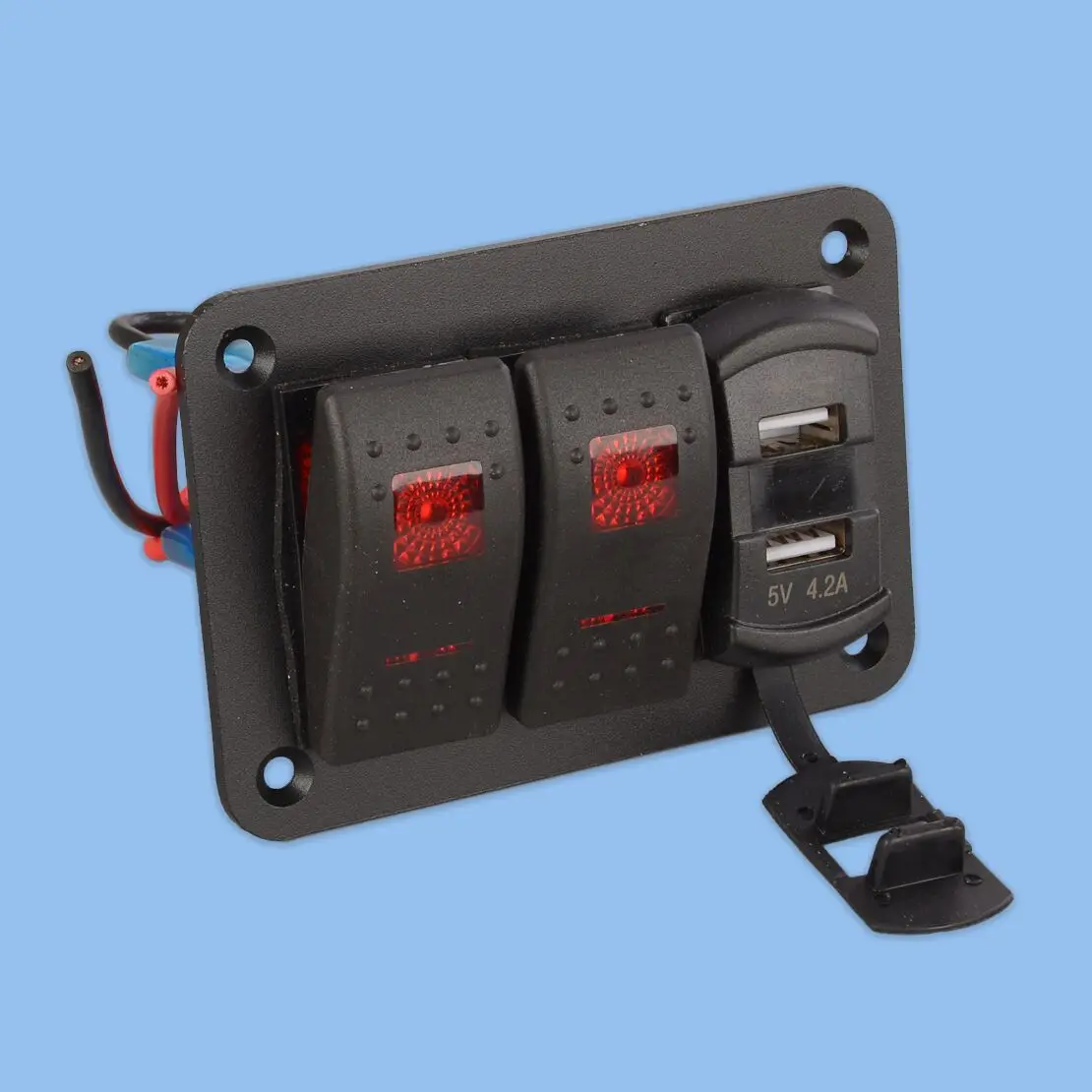 

2 Gang Rocker ON-OFF Toggle Switch Panel with Voltmeter Dual Charger USB Port Fit for RV Car Truck Marine Boat Red LED Voltmeter