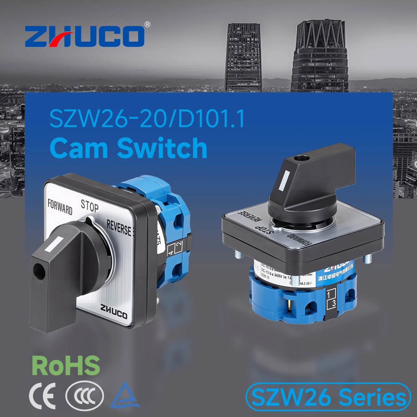 ZHUCO 2/3 position selector switch 20A 690V, 4-terminal universal rotary cam selector with lock, suitable for power distribution cabinets, machine tools, industrial panels (SZW26-20/D101.1, ON OFF ON, ON OFF, ON ON)
