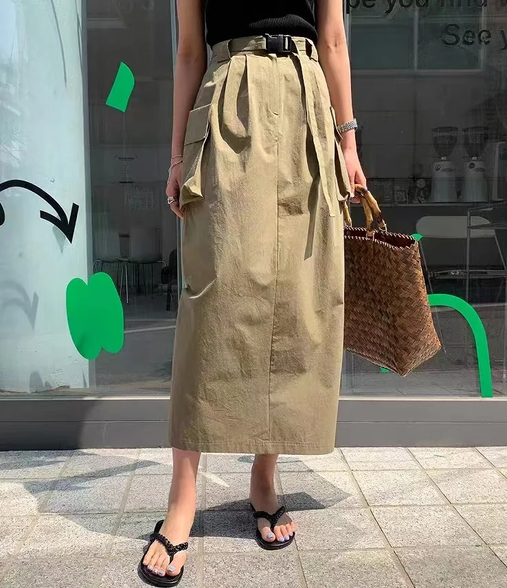 

High Waist Side ket Casual f-length Skirt for Women Sli Slimming Long Dr Korean Japanese ular Pure Color Retr...