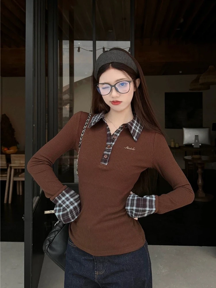 Women's Autumn Plaid Polo Neck Fake Two Piece Slim Fit Long Sleeve Retro Splice Top Vintage Checkered Tee