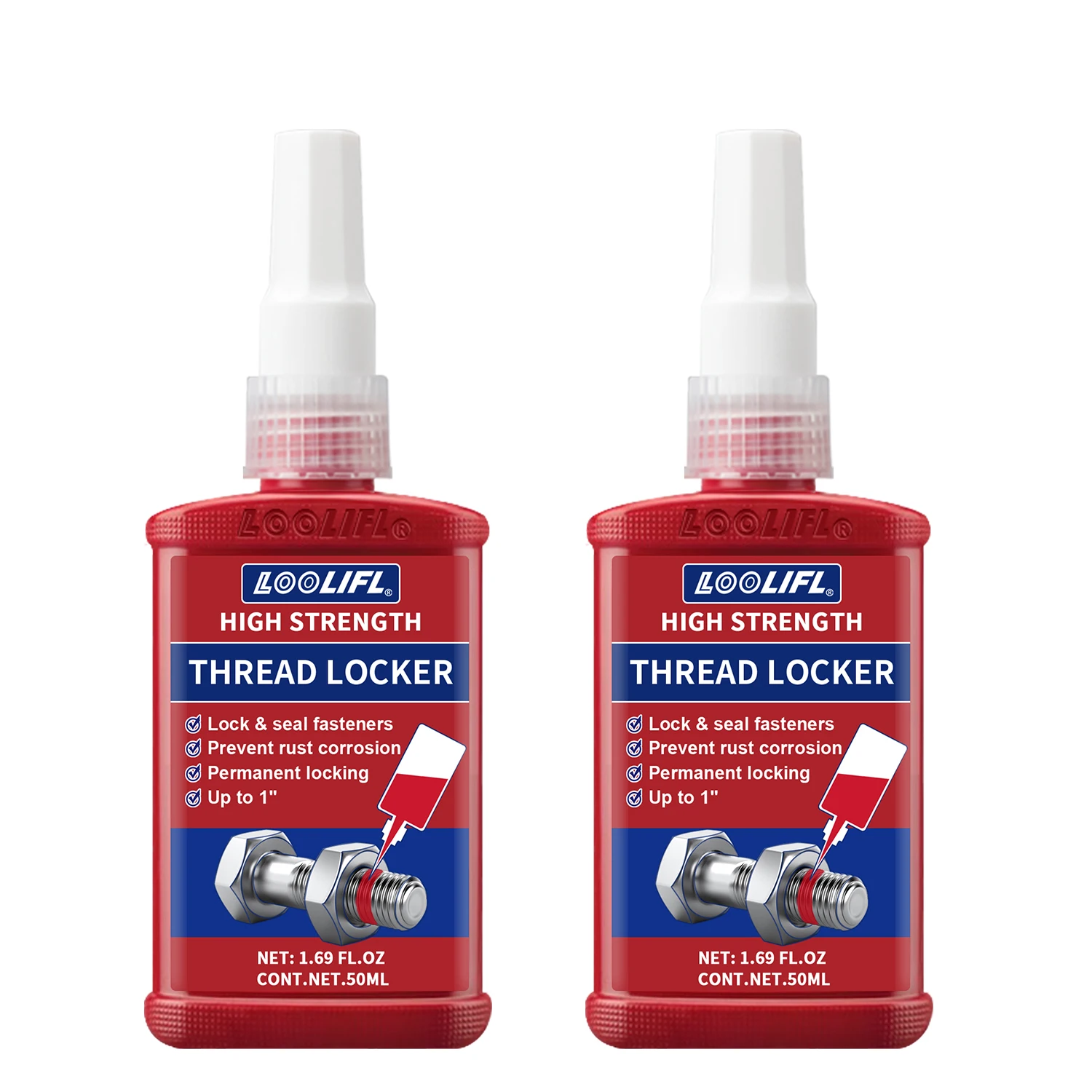 LOOLIFL Schraubensicherungskleber Blau Rot Mittelstark Hochfester Anti-Lose-Gewindedichtstoff Metallbolzen-Sicherungskleber 10ml 50ml