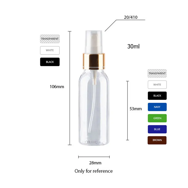 30 peças 30ml 50ml 60ml 100ml vazio configuração de maquiagem spray garrafas de plástico com colar de alumínio dourado perfume recipiente cosmético