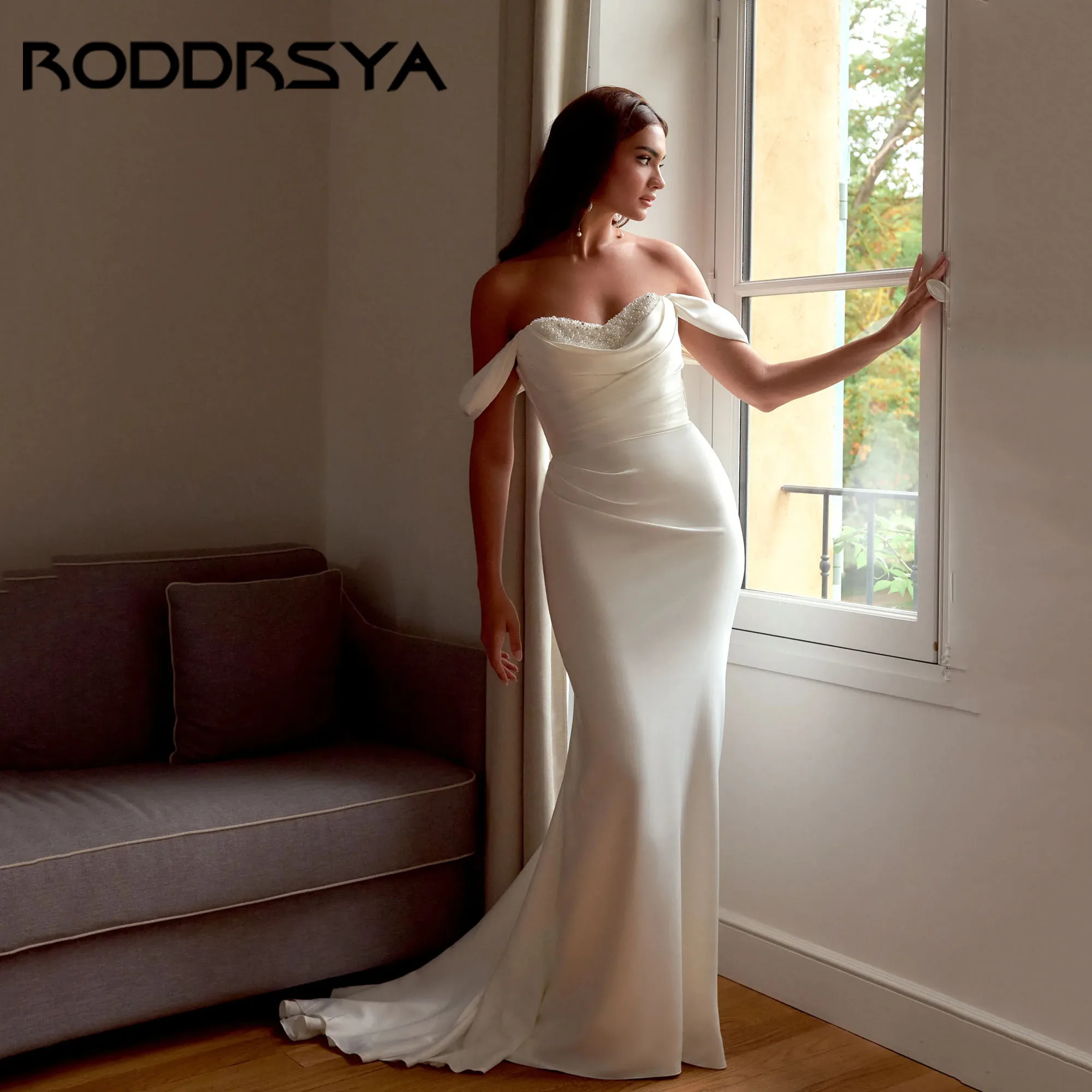 

RODDRSYA Romance Sweetheart Bride Gown Off Shoulder Mermaid Pearls Satin Wedding Dress Backless Button robe de mariée Customized