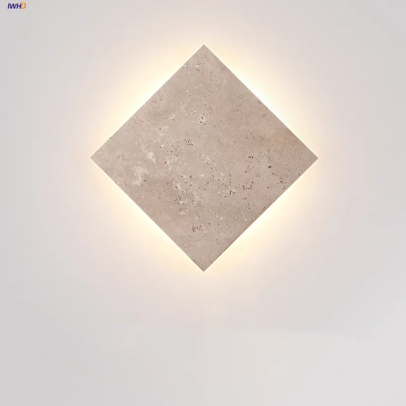 

IWHD Japan Style LED Wall Lamp Sconce Bedroom Restaurant Square Yellow Travertine Outdoor Waterproof Stair Light Fixture Lampara