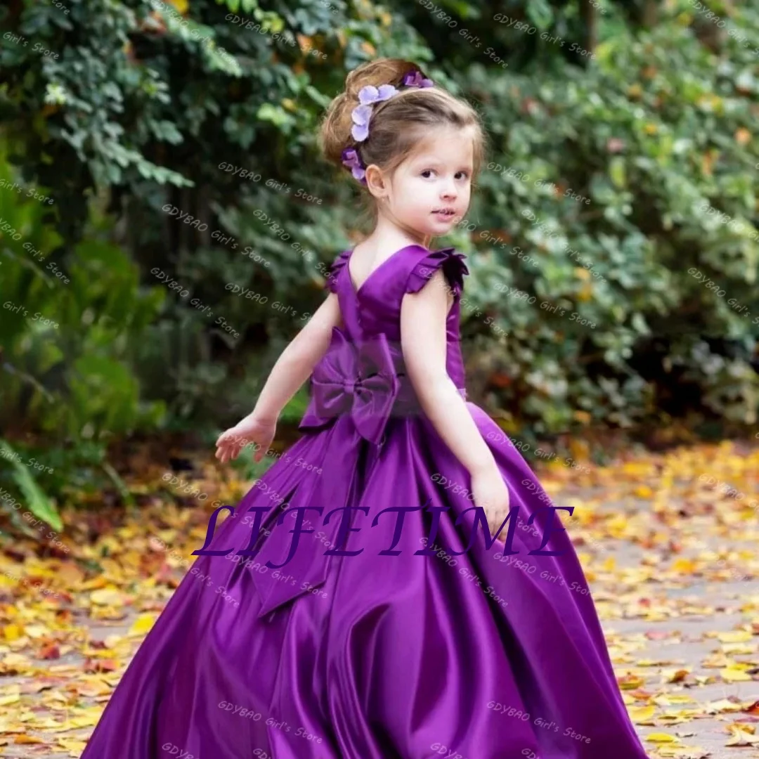 

Customized Tea Length Flower Girl Dress for Wedding Party Toddlers O Neck Short Sleeve Pageant Birthday Dress With Bow Sashes