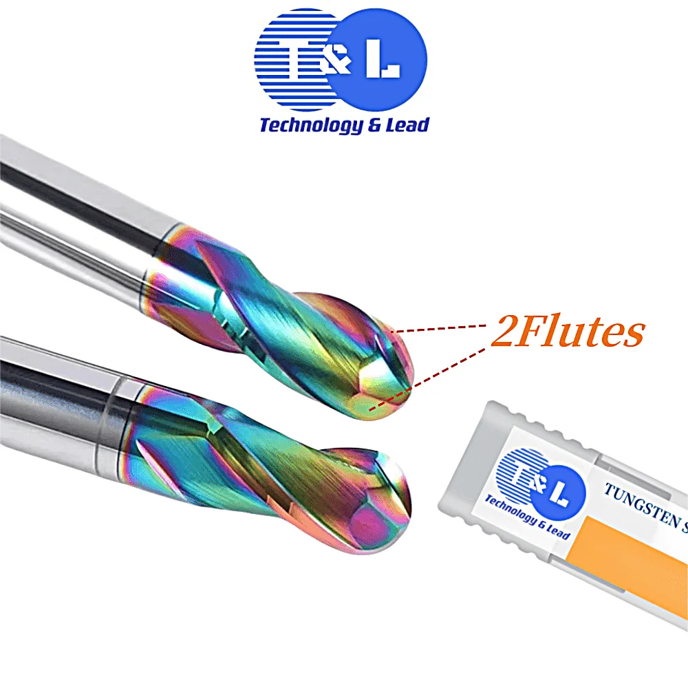 T&L HRC63 2F Colorful Coating Tungsten Steel Carbide Aluminum Ball End Milling Cutter CNC Mechanical Machining End Mill Tools