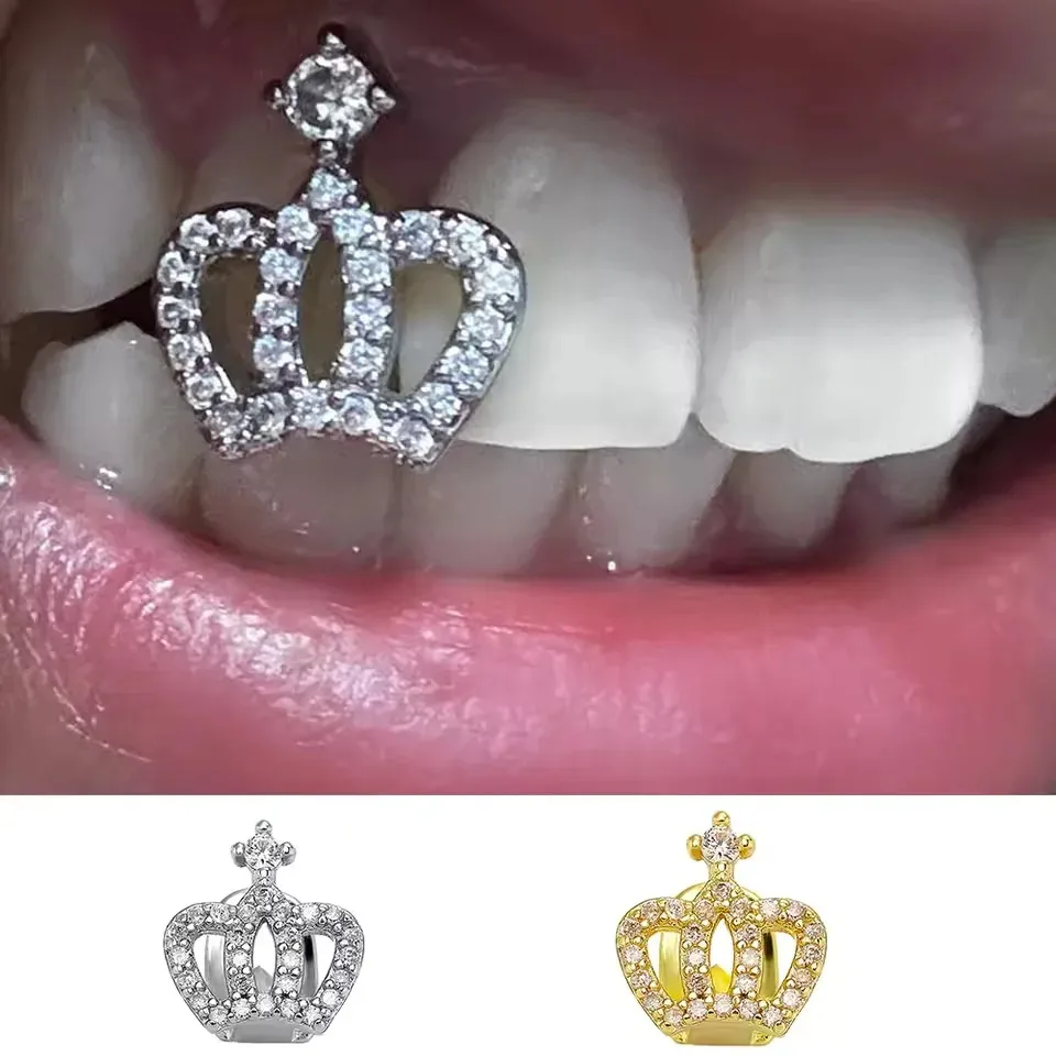 Vintage Iced out CZ Stone Crown Single Tooth Grillz for Women Men Punk Shiny Zircon Bling Cosplay Jewelry