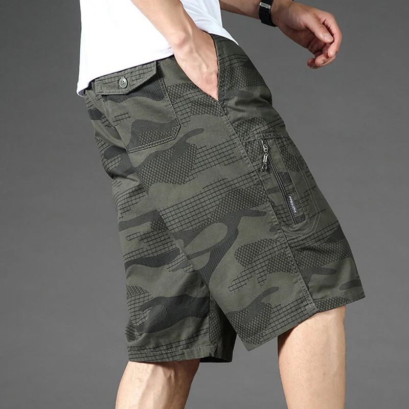 Pop Men Summer New Camouflage Cargo Shorts Men Fashion Cotton Casual Shorts Elastic Waist Breathable Zipper Pocket Jogger Shorts