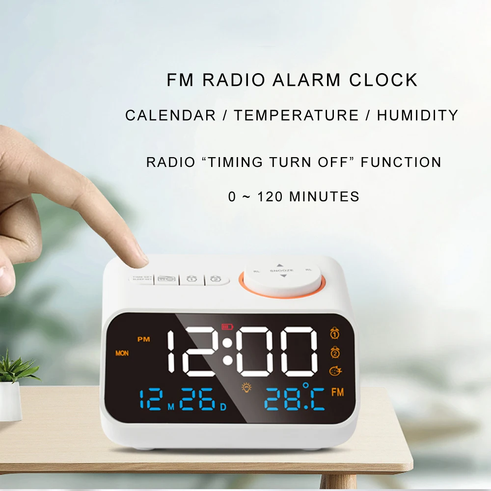 Sveglia moderna a LED con radio FM per sveglia sul comodino. Calendario da tavolo digitale con termometro per temperatura, umidità, igrometro.