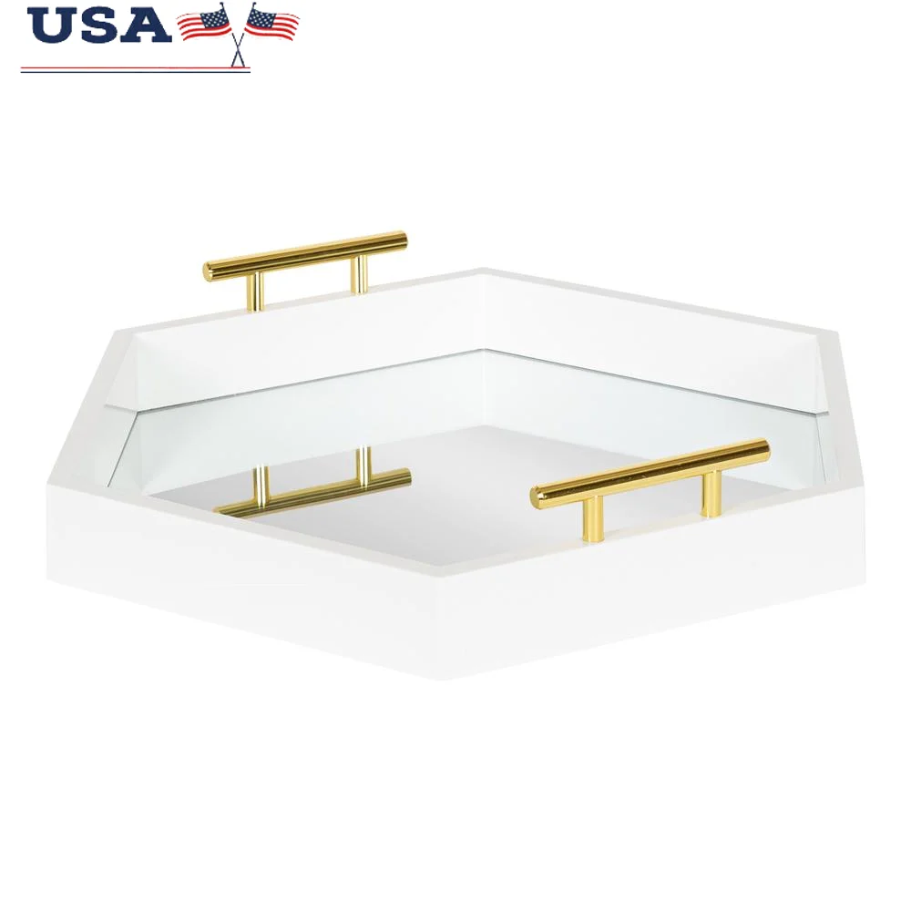 

Modern Hexagon Mirrored Serving Tray Decorative Storage Display Tray with Handles Entryway Vanity Kitchen Ottomans 18x18
