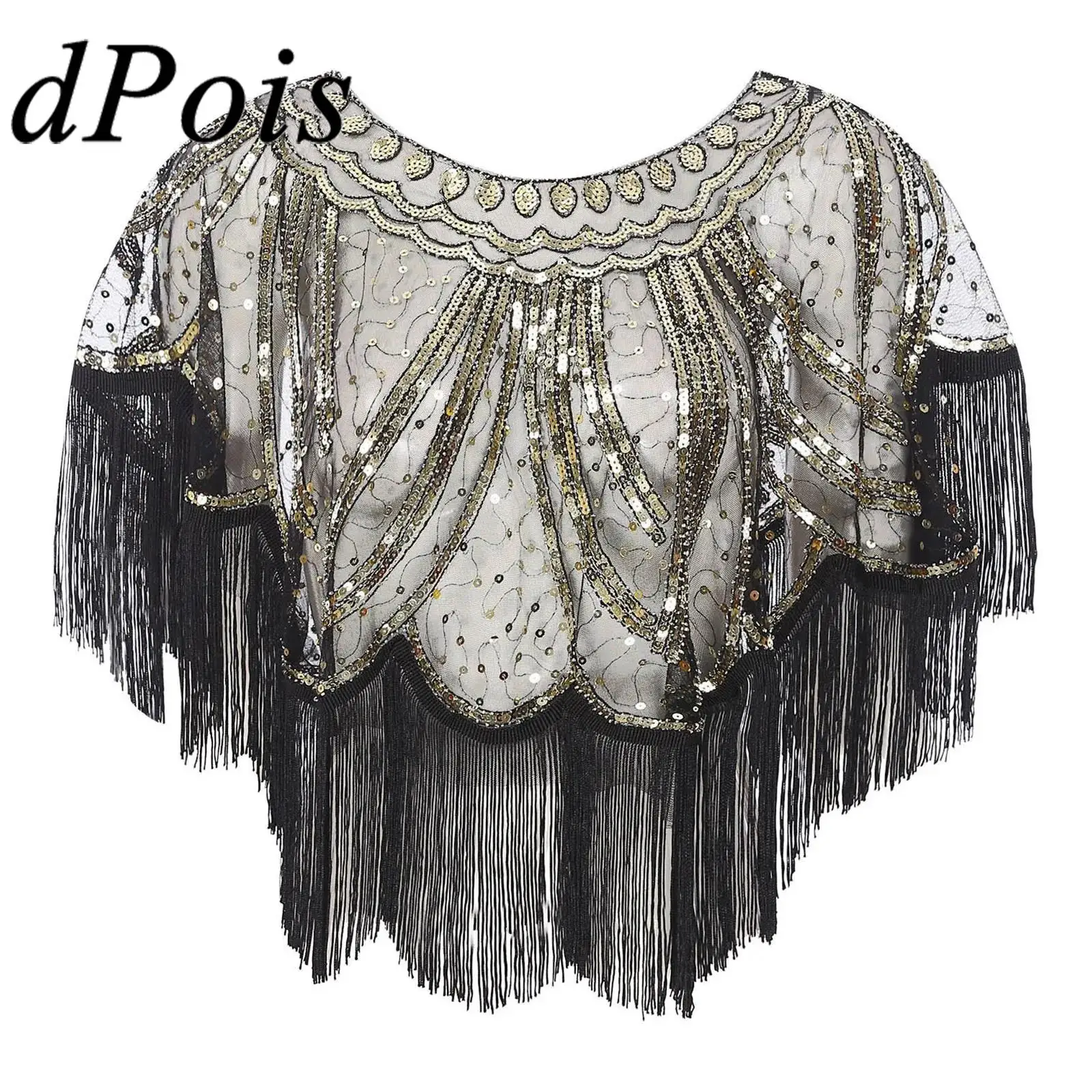 Womens 1920s Cocktail Party Vintage Tassel Sequins Shawl Wraps See-Through Fringe Cape Coats Evening Cover Ups Accessories