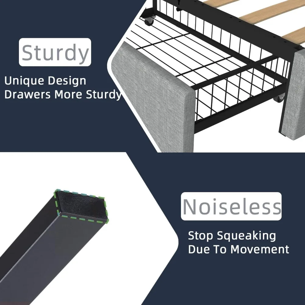 Queen Size Bed Frame Platform with 4 Storage Drawers, Adjustable Tufted Button Linen Headboard, No Need for a Box Spring