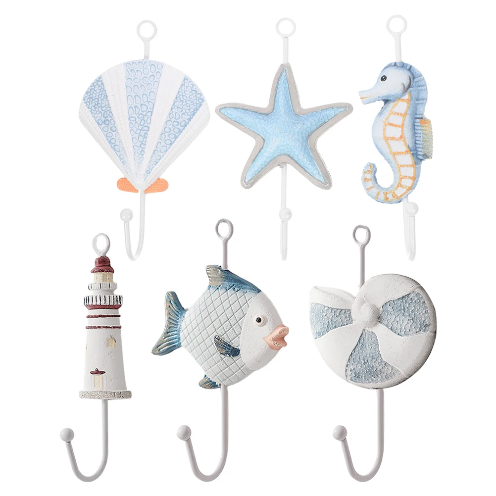 

6PCS Mediterranean Hook Set Ocean Theme Wall Hooks Towel Coat Hanger Smooth Surface Various Colors Bedroom Hallway Bathroom