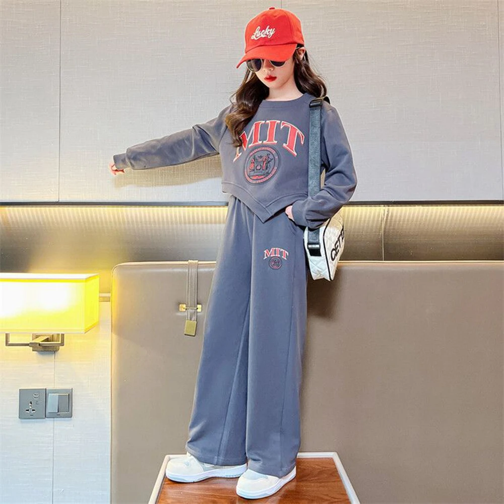 Spring/Autumn Kids Girls Clothes Suit Child Irregular Letters Sweatshirt + Wide Leg Sweatpant Pant Tracksuit 7 8 9 10 11 12 Year