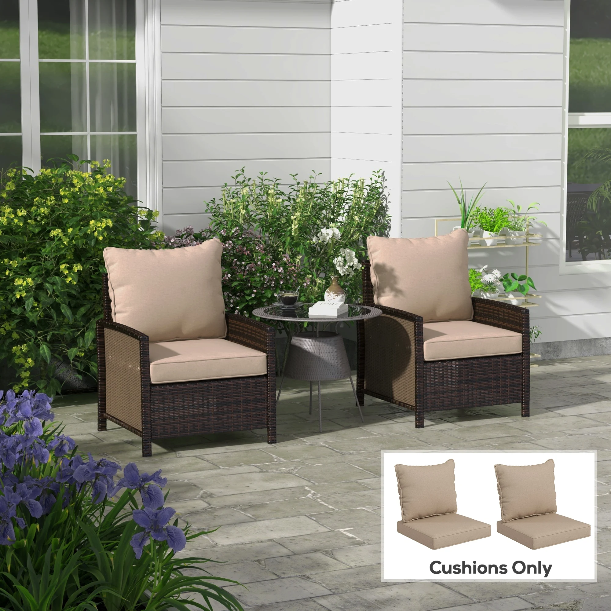 Indoor and Outdoor Chair Cushion with Backrest, Suitable for Garden Furniture, Beige