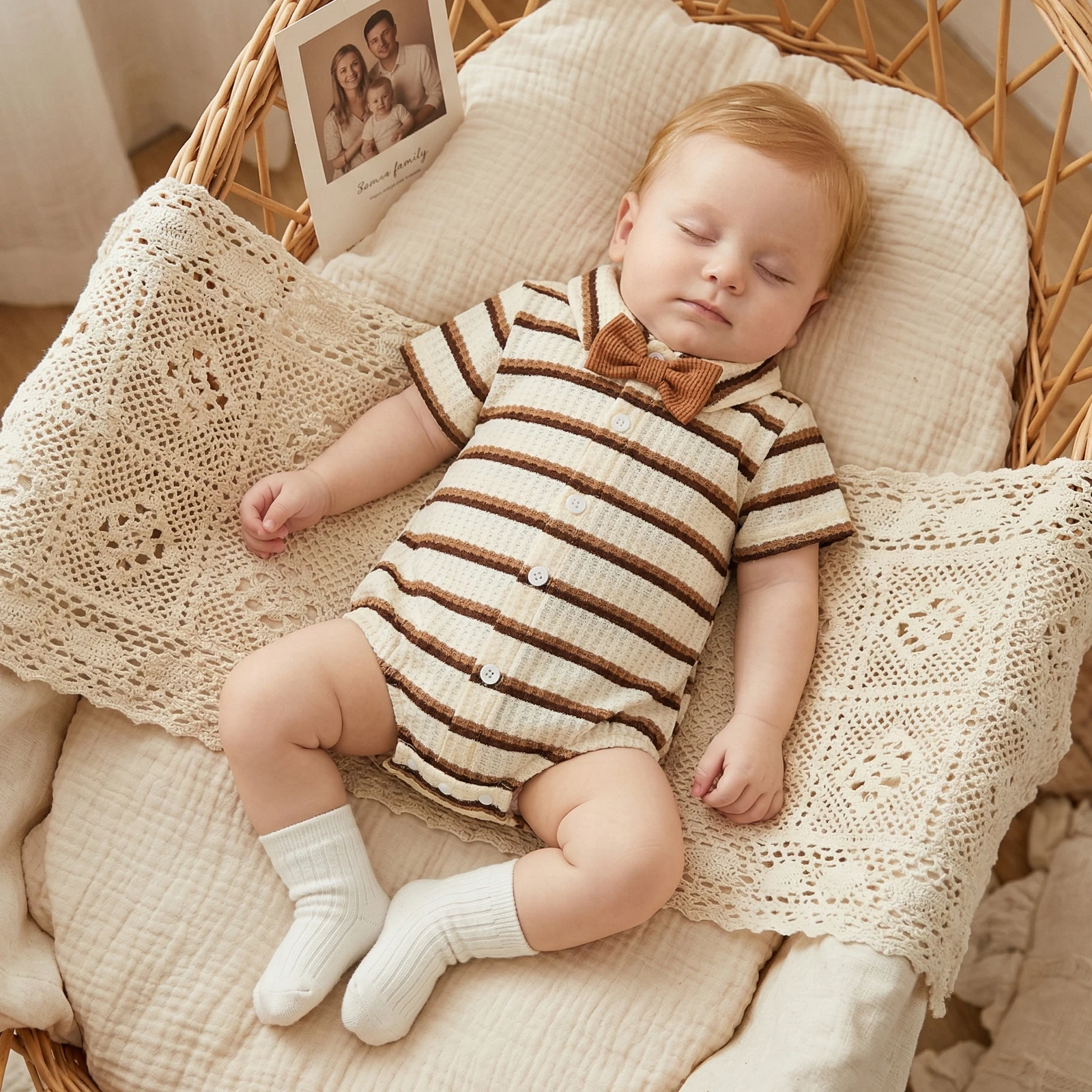 Baby Boy Striped Bowtie Romper Short Sleeve Collared Button-up Jumpsuit Cute Newborn Summer Clothes