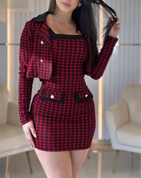 Vestido feminino com estampa Houndstooth, decoração de botões, casaco curto, roupas de outono, moda nova, conjuntos 2pcs