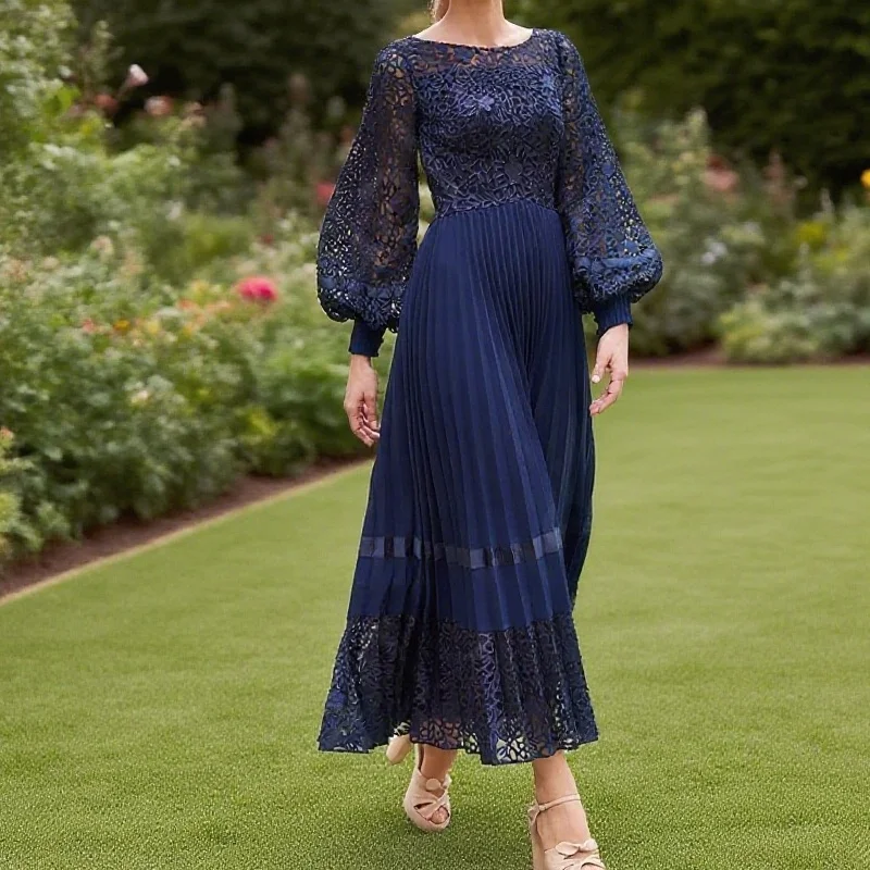 

Classic Navy Blue Lace Ankle Length Wedding Party Gowns Long Sleeves Mother Gowns Bateau Neck Mother of the Bride Dress