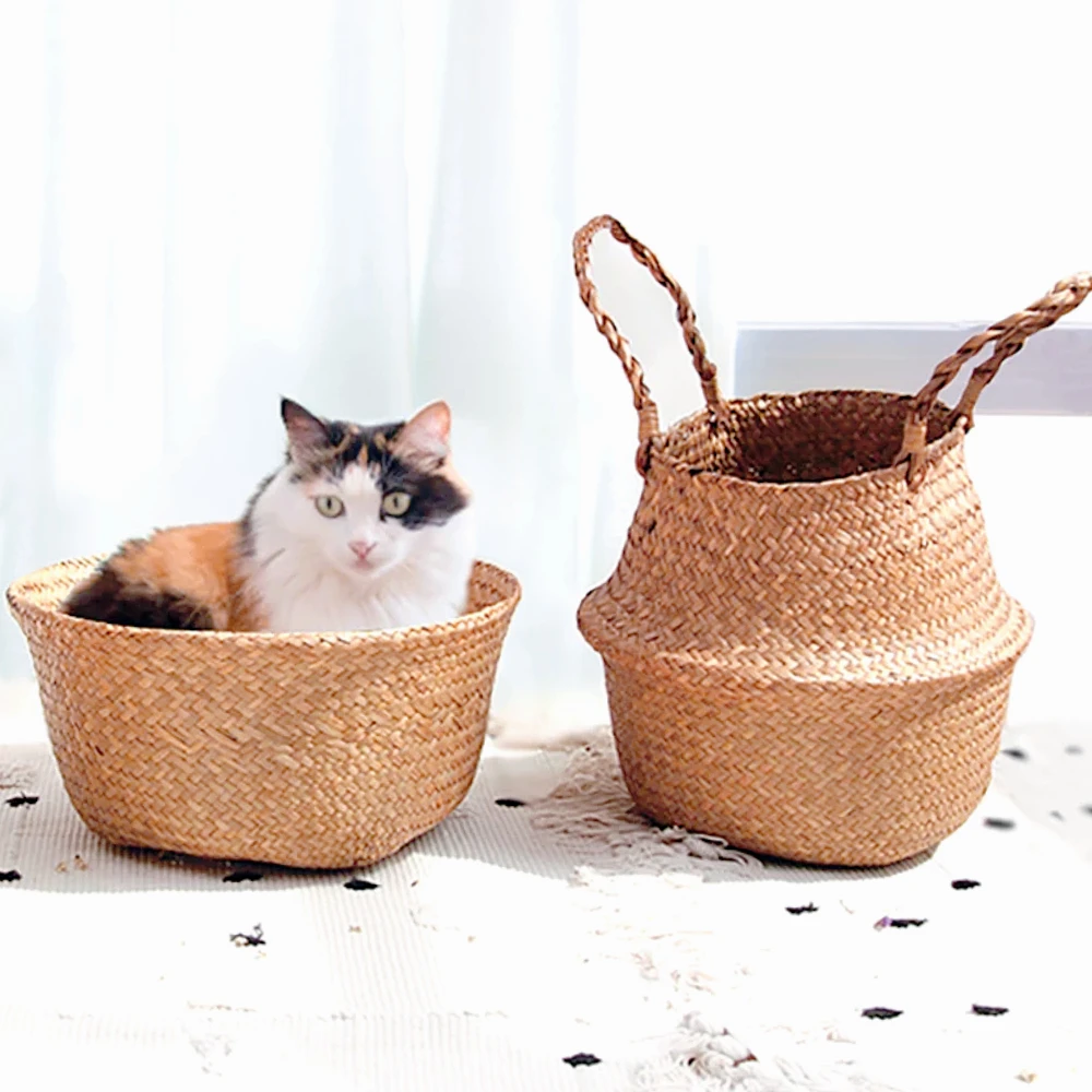 

Wicker Basket Toy Organizer Folding Rattan Seagrass Storage Basket Laundry Woven Basket Plant Flower Pot For Home Garden Decor