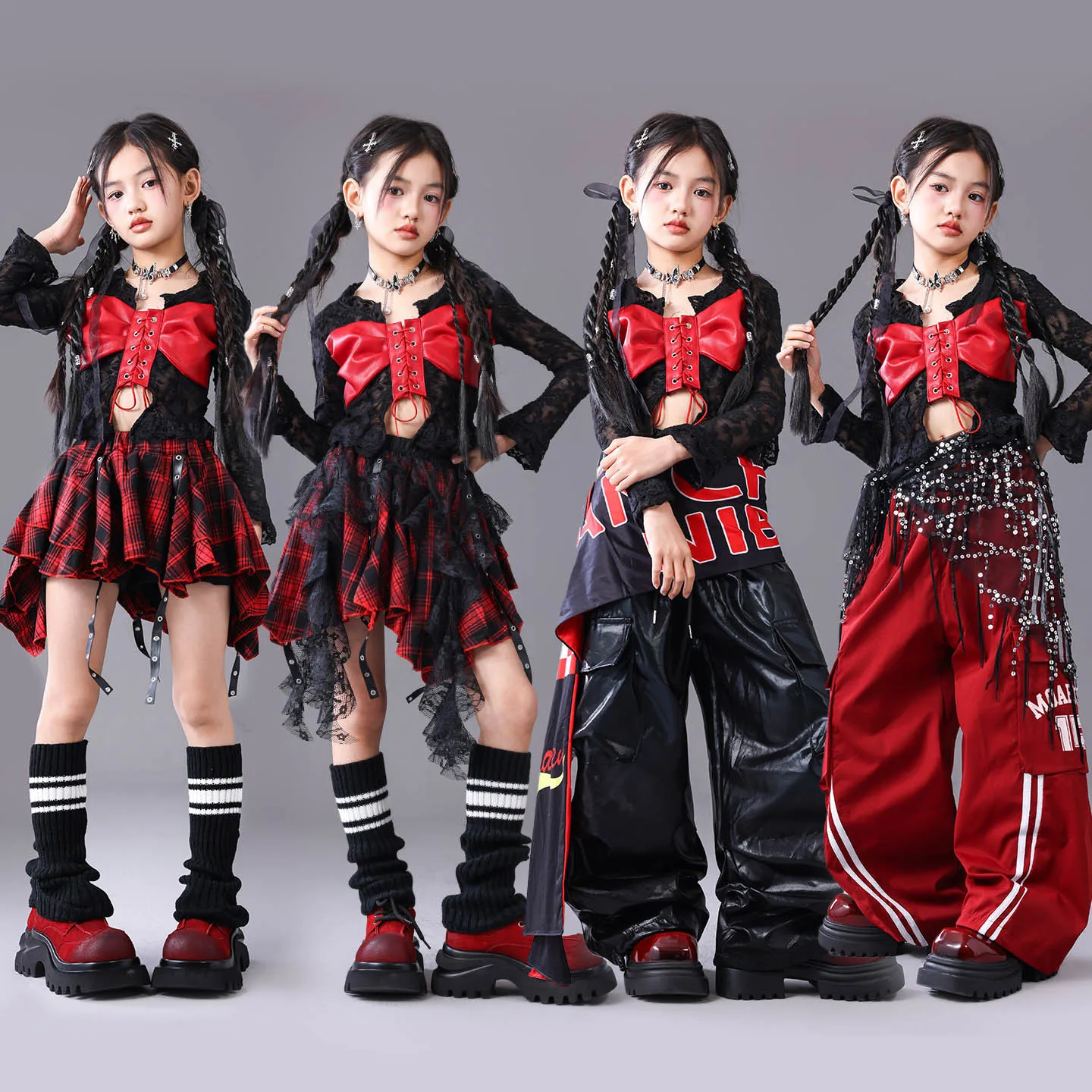 Kid Kpop Hip Hop Clothing Black Lace Red Bow Tie Crop T Shirt Faux Leather Striped Cargo Pants for Girls Dance Costumes Clothes