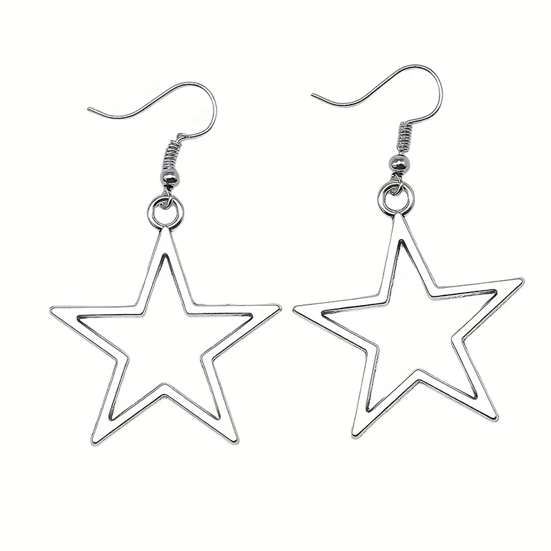 Hollow Big Star Earrings Silver Color Pentagram Dangle Earrings For Women Girls