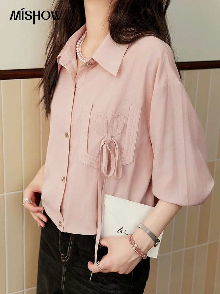 MISHOW Love Bow Lapel Shirt 2024 Autumn Placket Metal Butterfly Button Top Versatile Drop Sleeve Solid Commute Shirts MXD44C0335