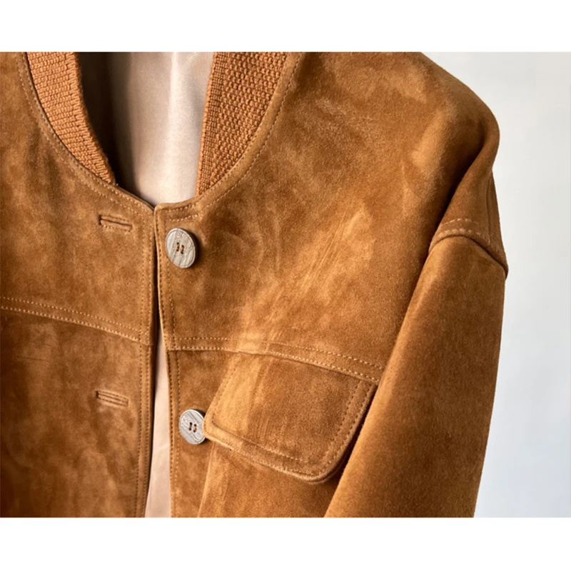 Giacca da baseball corta da donna in vera pelle al 100% Cappotti monopetto in pelle scamosciata Giacca in pelle di capra scamosciata importata di lusso