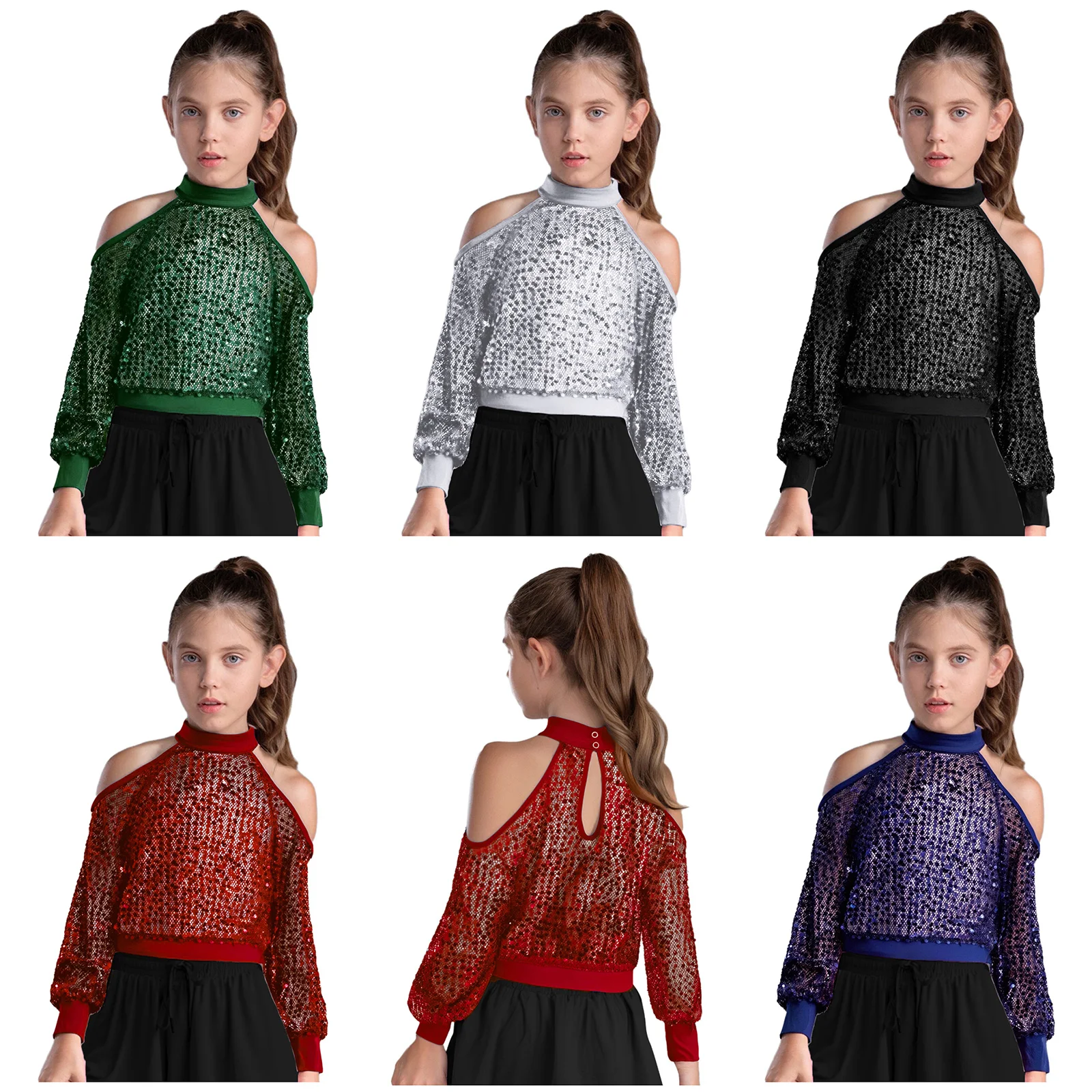 Kids Girls Cold Shoulder Hollow Out Mesh Blouse Long Sleeve Shiny Sequins See-Through Crop Top for Hip-hop Jazz Dance Stage Show