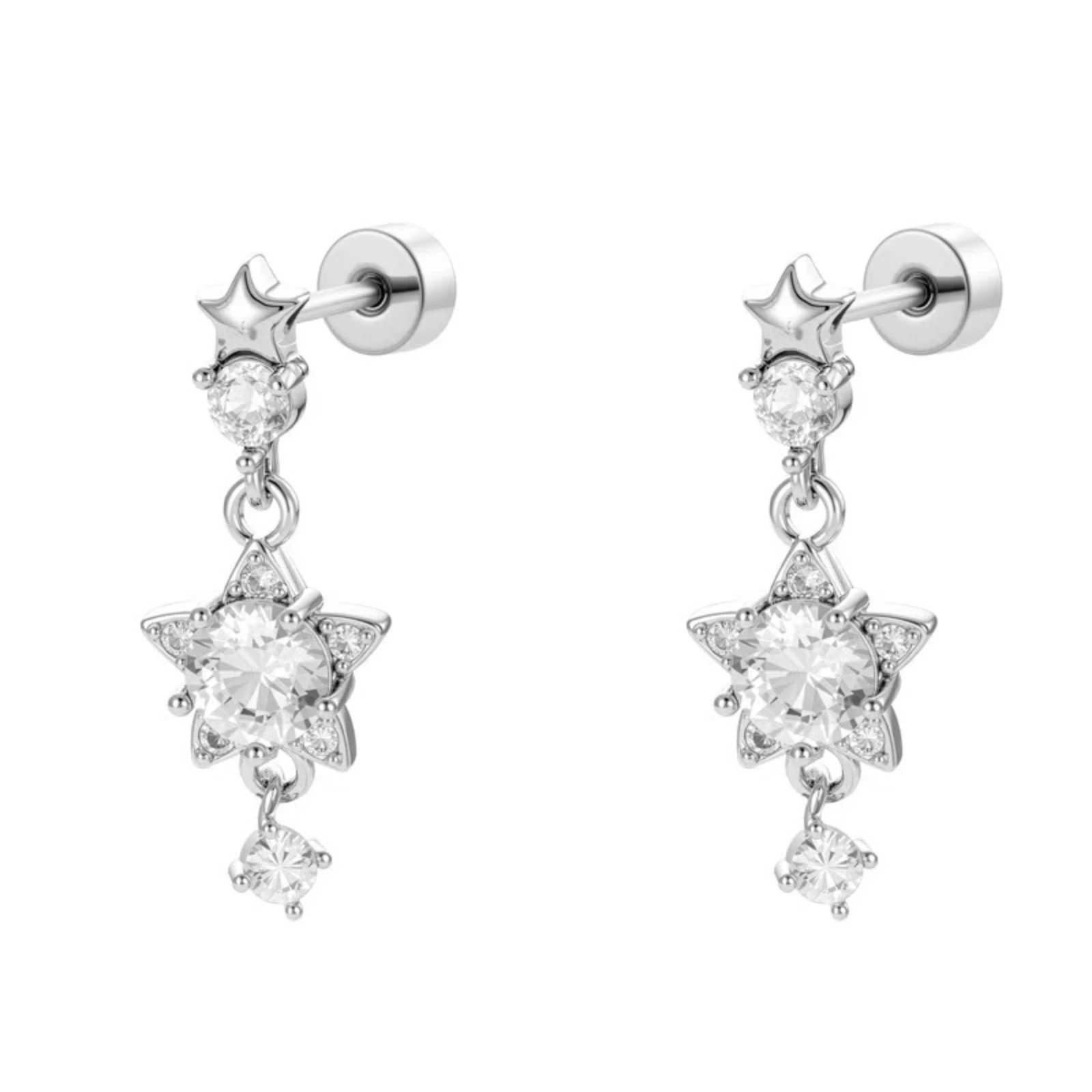 

INS Sparkly CZ Star Dangle Cartilage Stud Earrings 2PCS Screw Back 0.8mm 6mm Bar Helix Tragus Conch Piercing Jewelry Silver