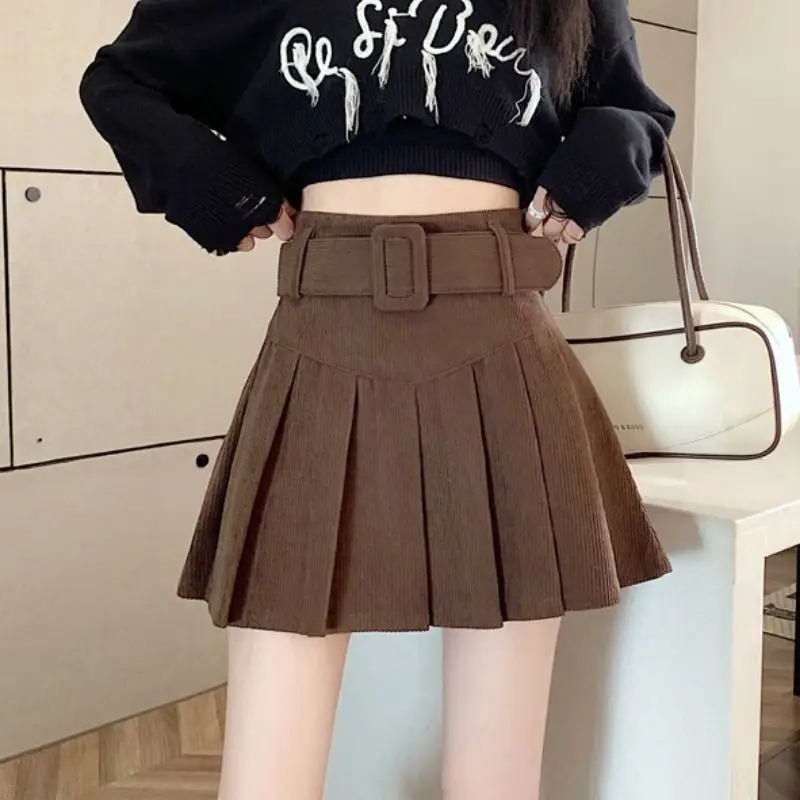 Fashion Zipper Solid Color Sashes Casual Corduroy Mini Skirts Female Clothing 2024 Spring New Loose Korean Pleated Skirts