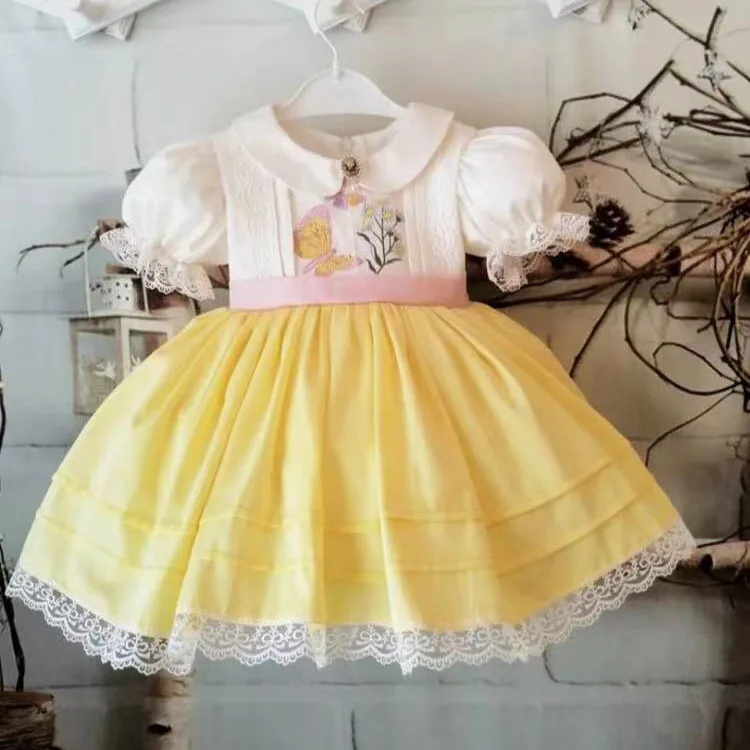 0-12Y Baby Girl Summer Butterfly Embroidery Turkish Vintage Yellow Dress for Birthday Easter Eid Holiday Casual Photography B179