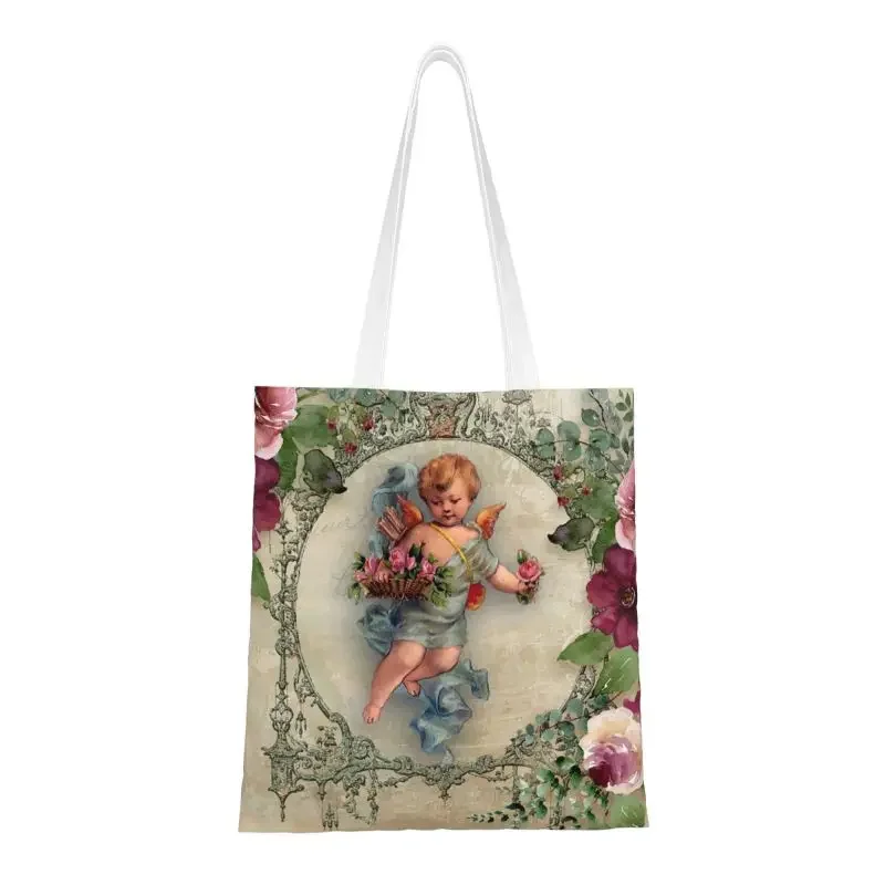 Victorian Angel Print With Vintage Rose Bouquets Shabby Chic Canvas Shopping Bags Women Washable Grocery Tote Shopper Bags