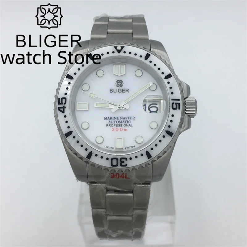 BLIGER 40mm NH35A Automatic Men Watch White Ceramic Insert Brushed Steel Bracelet White shell Dial Date Luminous Sapphire Glass