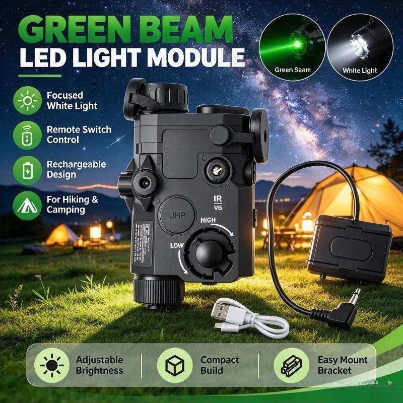 Green Beam LED Lighting Module, Remote Switch, Focus Beam, Adjustable Bracket, Outdoor Night Hiking Kit