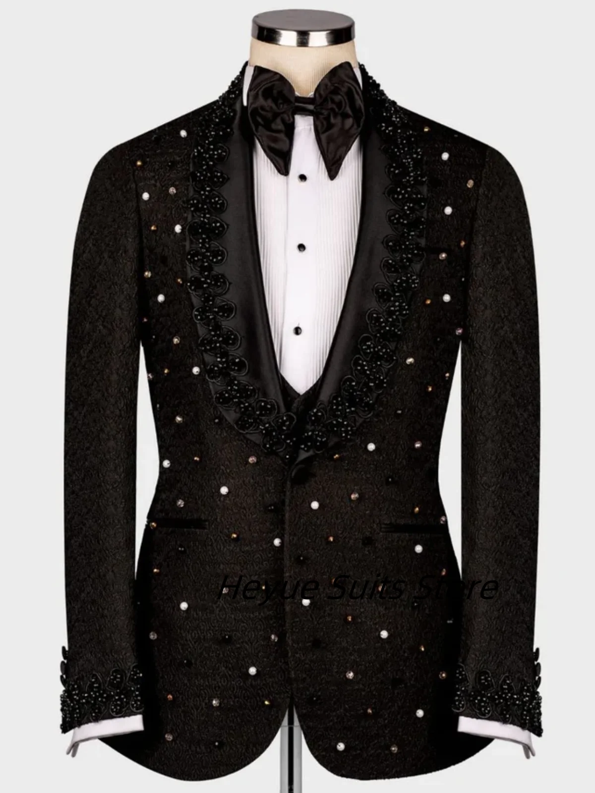 Embroidery Beads Men Suits Slim Fit Lapel Customized Groom Wedding Party Tuxedos 3 Pieces Fashion Male Blazers Costumes Homme