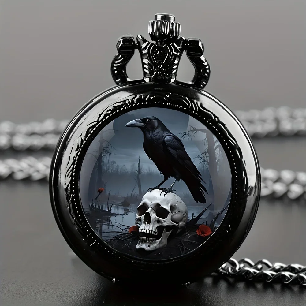 Black Retro Gothic Raven Skull Pocket Watch Quartz Movement With Chain Vintage Men Collectible Pendant Watch