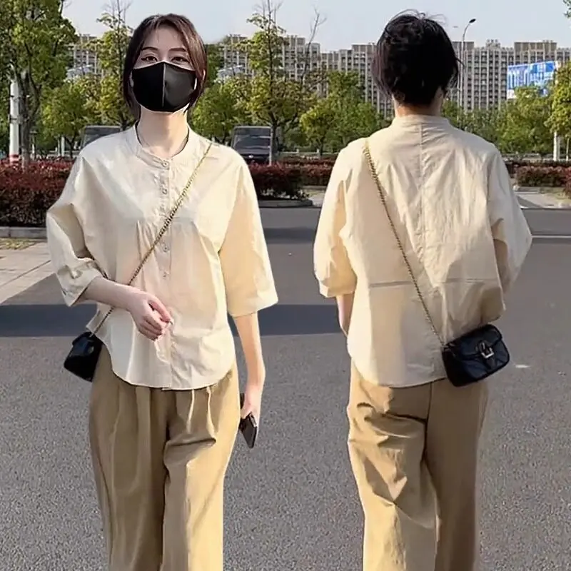 

Mid Sleeve Shirt Chiffon 9-inch Harem Pants Set Women's Summer New Round Neck 7-inch Sleeve Shirt Casual Pants Two-piece Set