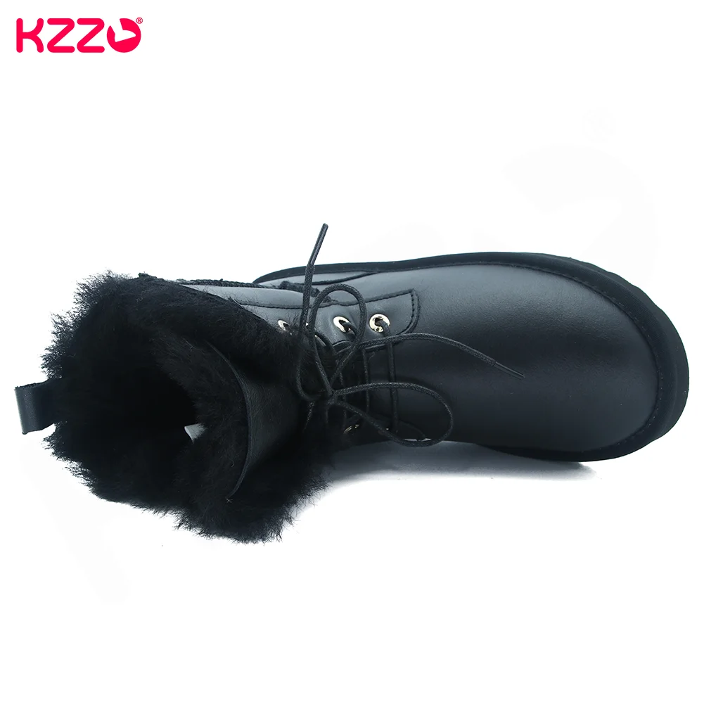 KZZO New Real Waterproof Sheepskin Leather Snow Boots Lace-up Women Mid-Calf Casual Natural Wool Fur Lined Winter Warm Shoes