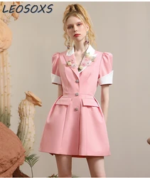 Simple Graceful Pink Suit Dresses Intellectual Dignified Elegant Commuter Puff Sleeve Waist-Tight Single-Breasted Women Dress