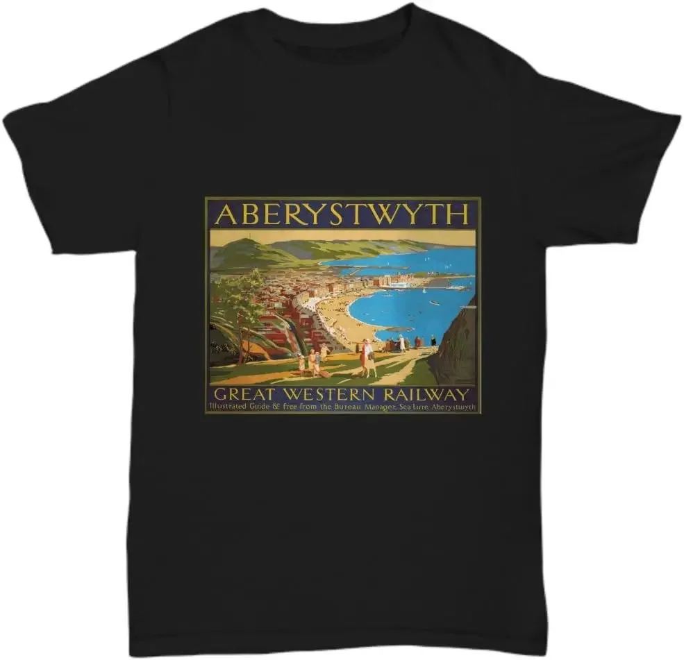 Vintage British Travel Poster: Aberystwyth Wales via Great Western Railway - Tees Y2K tops Unisex Summer Short Sleeve