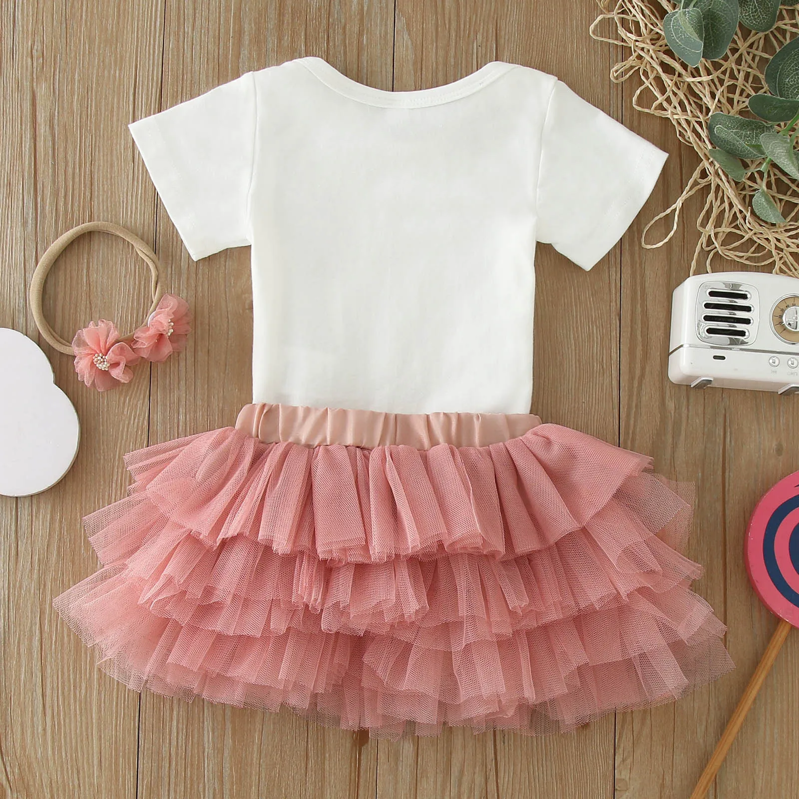 3 6 12 18M Baby Girls Summer Birthday Clothes Sets Short Sleeve Letter Print Romper+Mesh Tulle Tutu Skirt+Headband 3Pcs Outfits