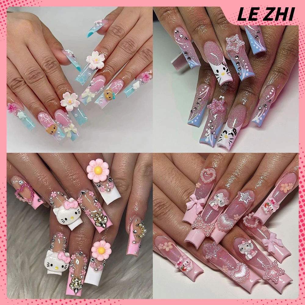 3D Flowers Xl Long Square Coffin Handmade Nails Party Sticker Spice Girl Sanrio Hello Kitty Glitter Diamond Pearl Fake Nail